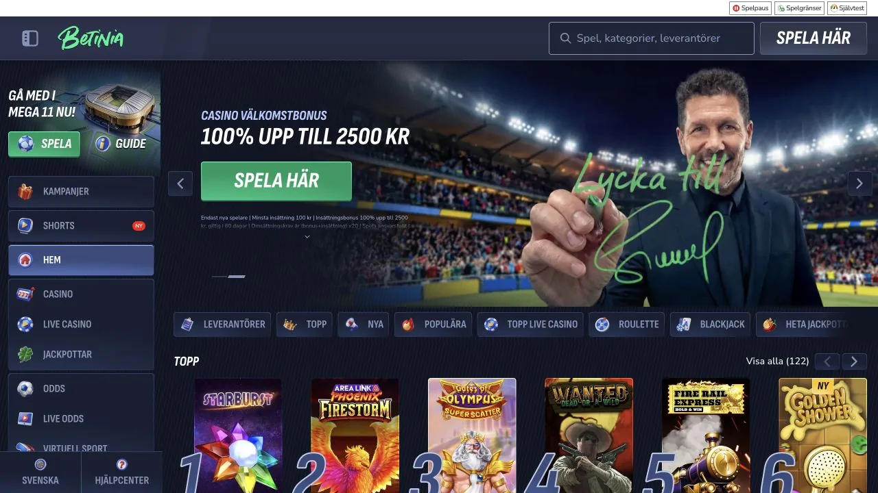 Skärmbild av startsidan hos Betinia