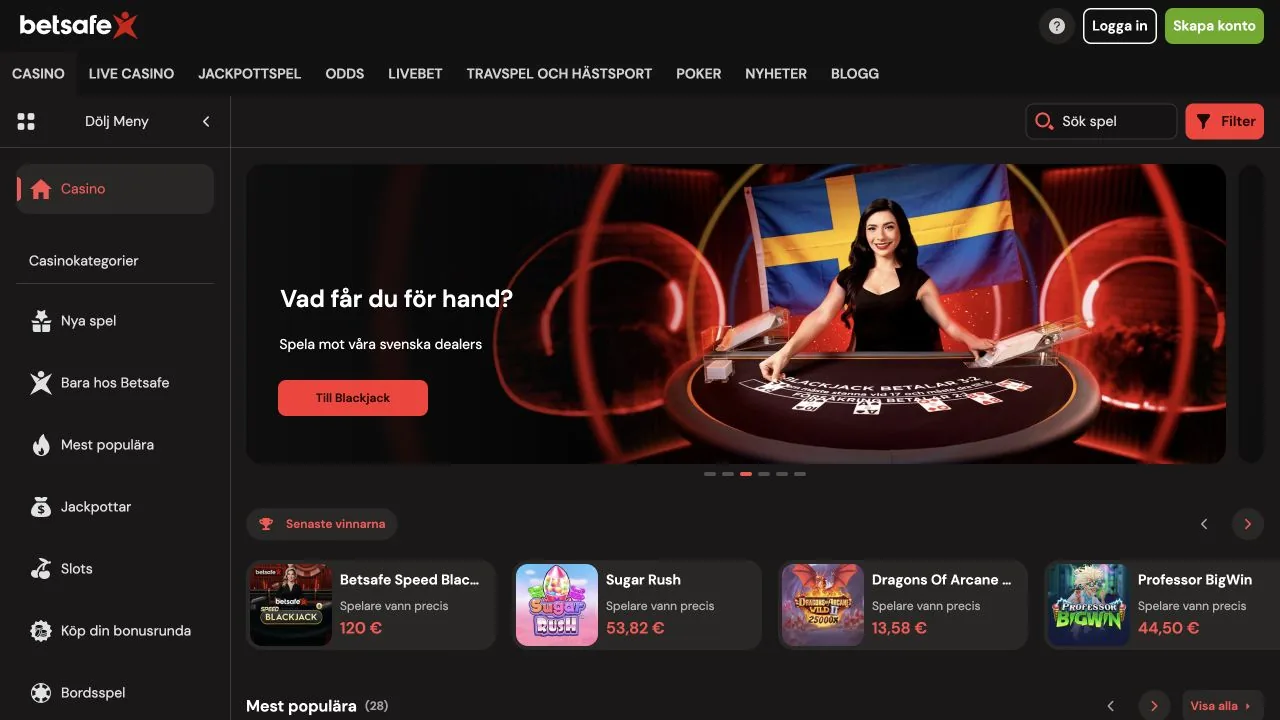Skärmbild av startsidan hos Betsafe