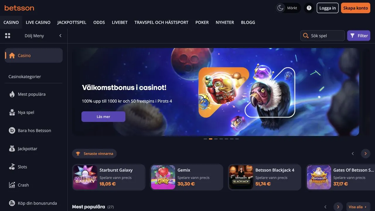 Skärmbild av startsidan hos Betsson
