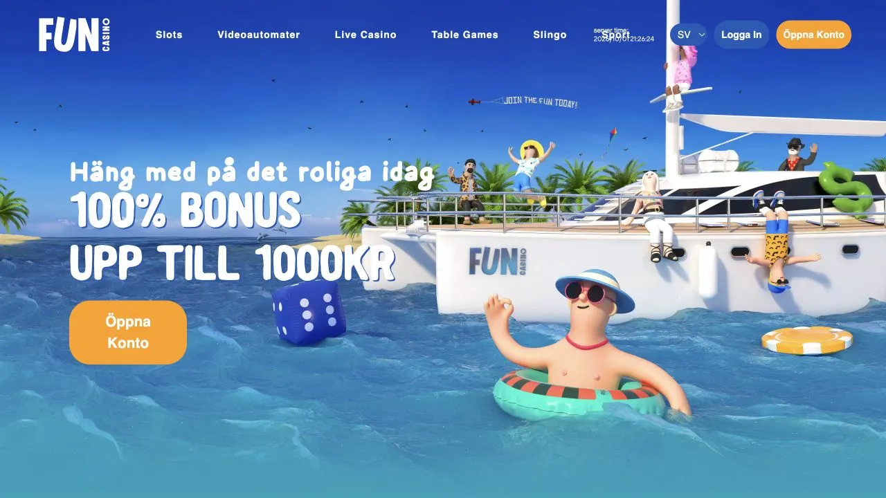 Skärmbild av startsidan hos Fun Casino