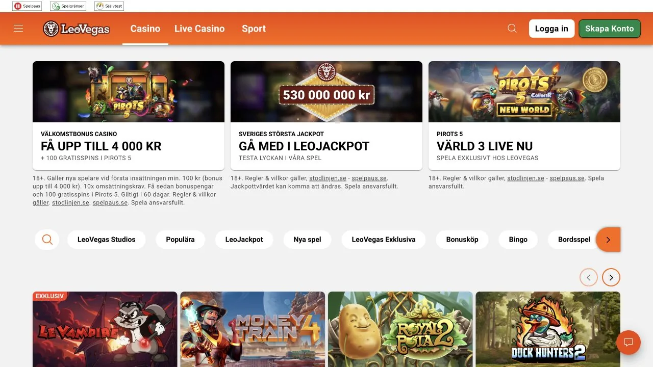 Skärmbild av startsidan hos Leo Vegas