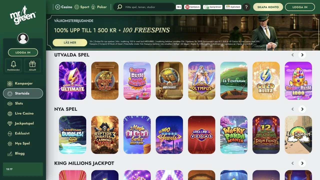 Skärmbild av startsidan hos Mr Green