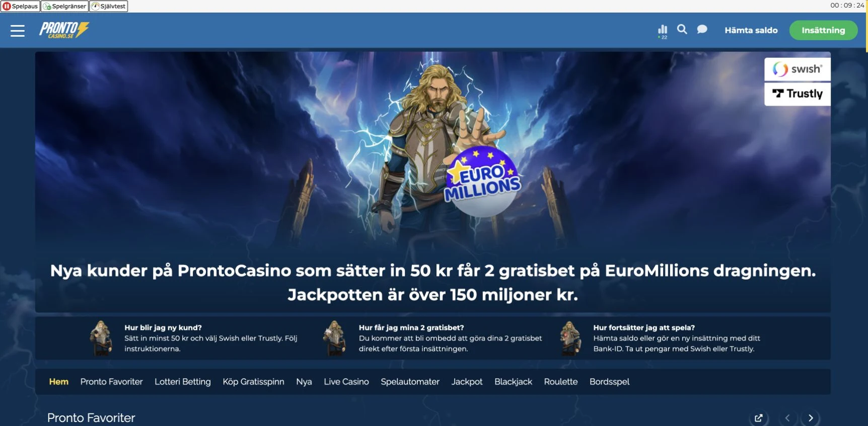 Skärmbild av startsidan hos Pronto Casino