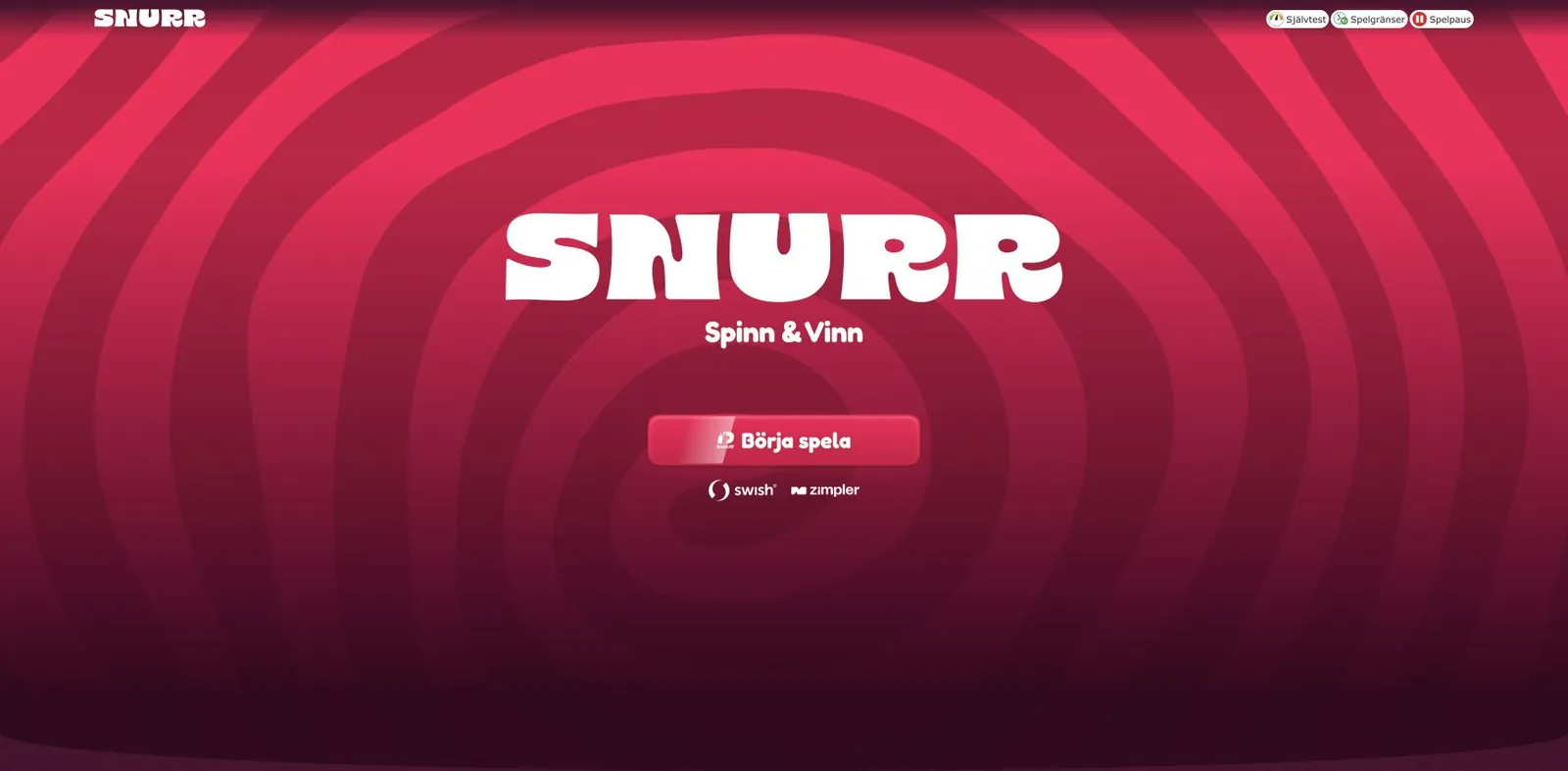 Skärmbild av startsidan hos Snurr Casino