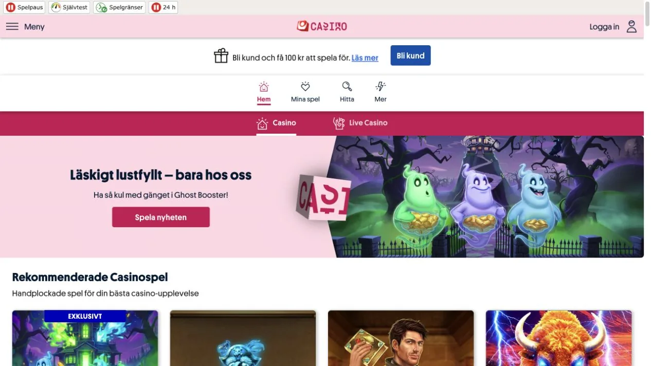 Skärmbild av startsidan hos Svenska Spel
