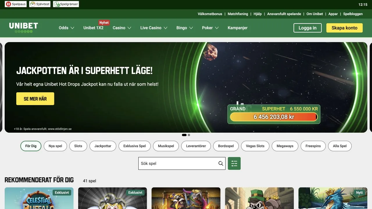 Skärmbild av startsidan hos Unibet
