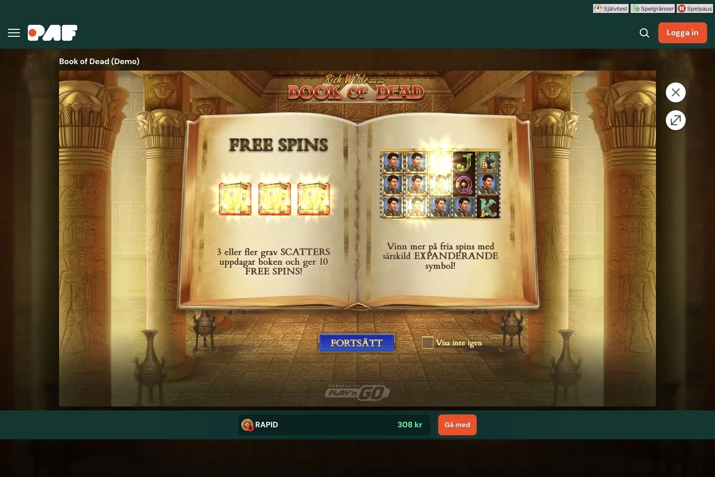 Book of Dead i Pafs demo med svensk introduktion om tio free spins och expanderande symboler