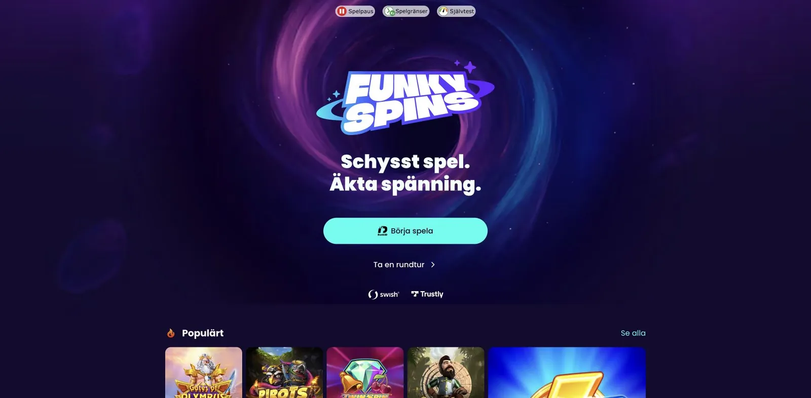 FunkySpins startsida med lila bakgrund, BankID-knapp och spelrutor i den offentliga lobbyn
