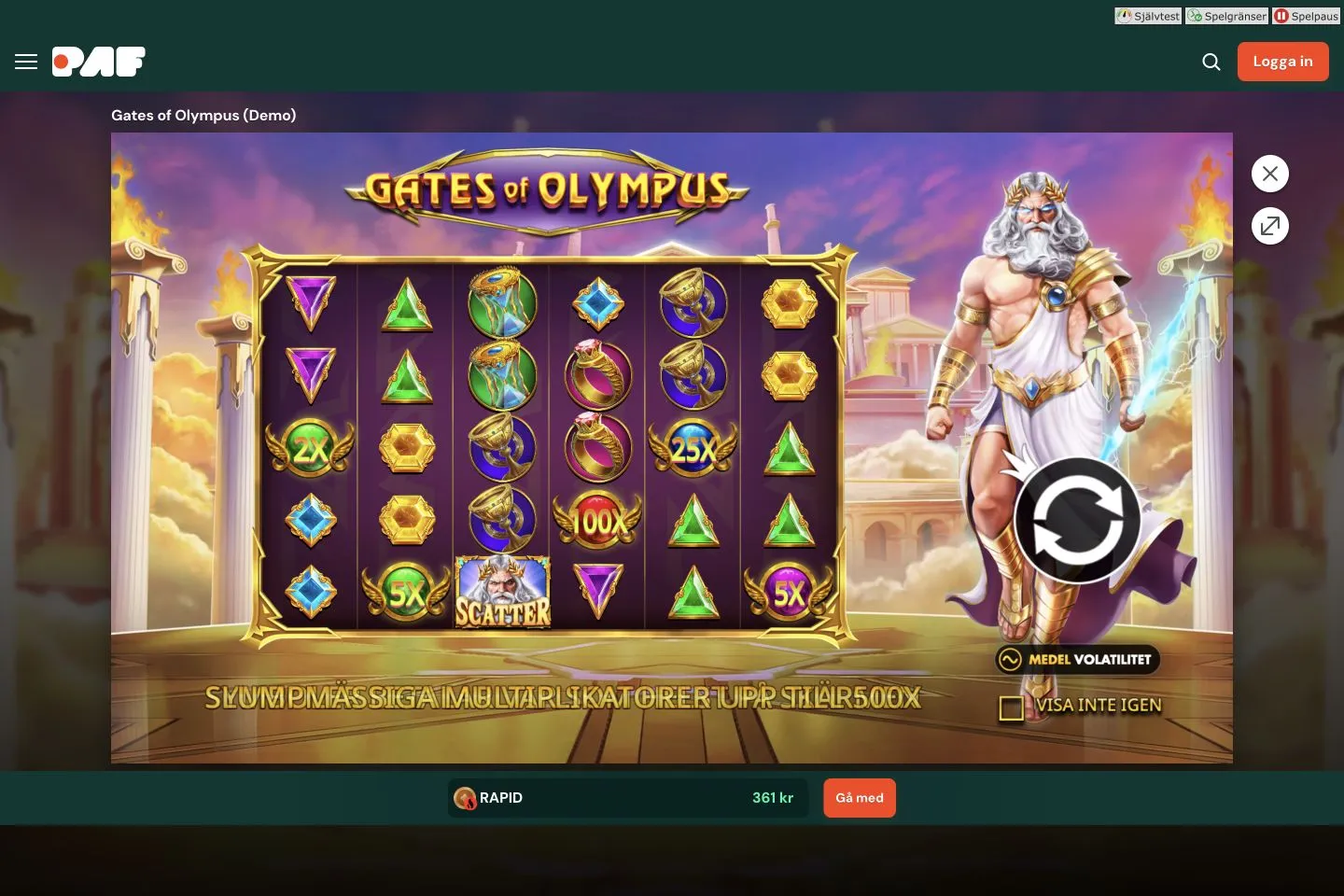 Pragmatic Plays Gates of Olympus i Pafs demo med svensk funktionsintroduktion