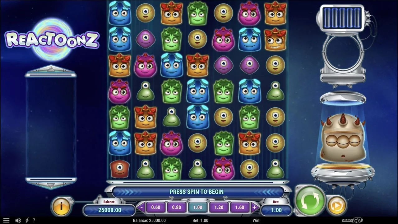 Reactoonz i tillverkarens demo med 7×7 symboler, Quantum-mätare och fiktivt startsaldo