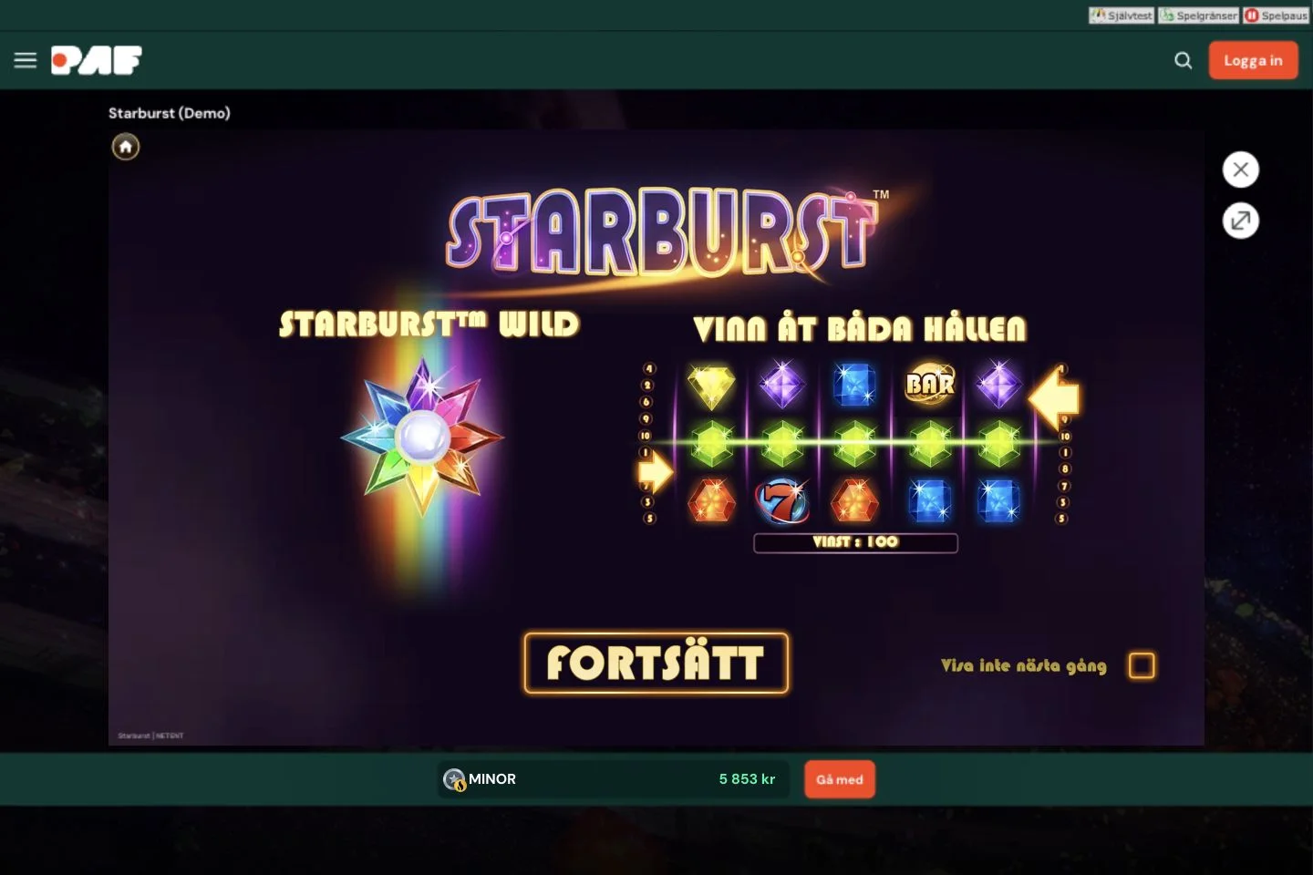 Starbursts svenska introduktionsbild i Pafs gratisdemo med wildsymbol och vinstlinjer
