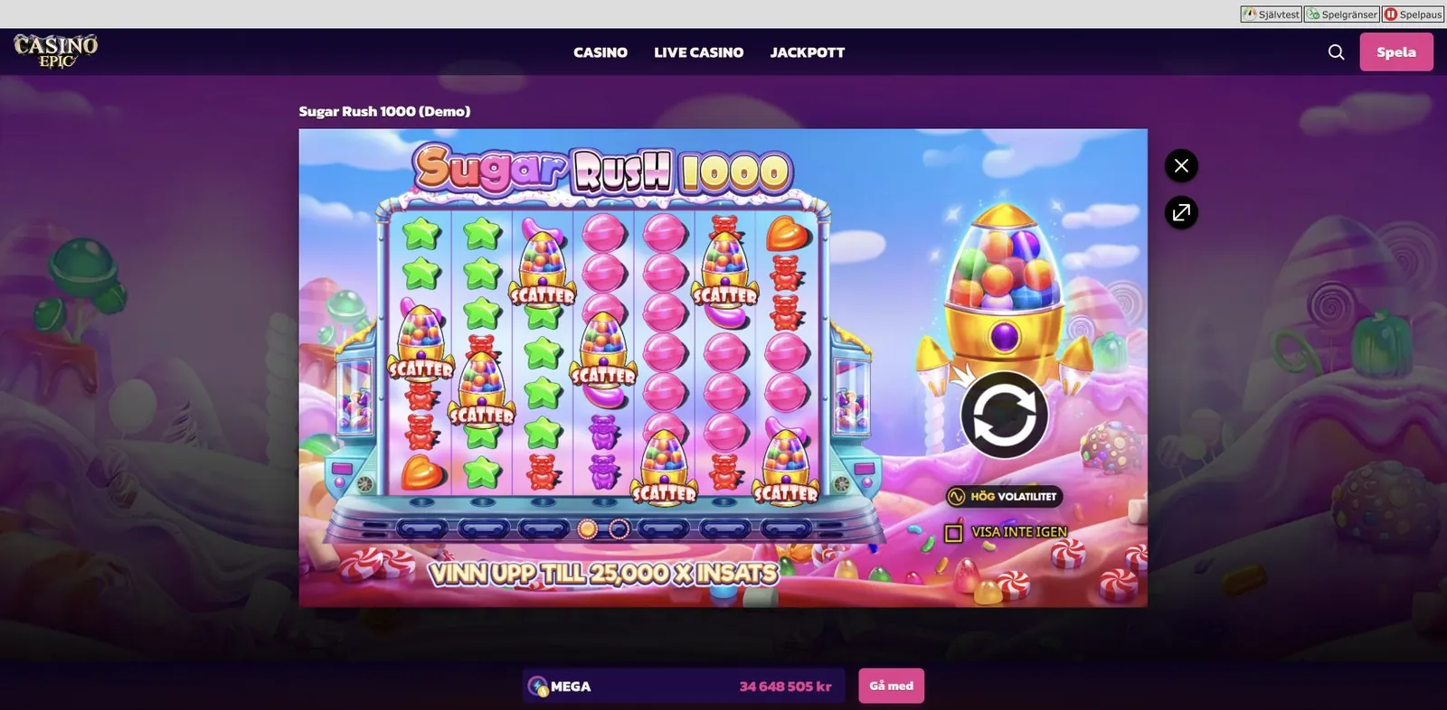 Svensk introduktion till Sugar Rush 1000 i Casino Epics demo med rutnät, scatters och uppgift om hög volatilitet