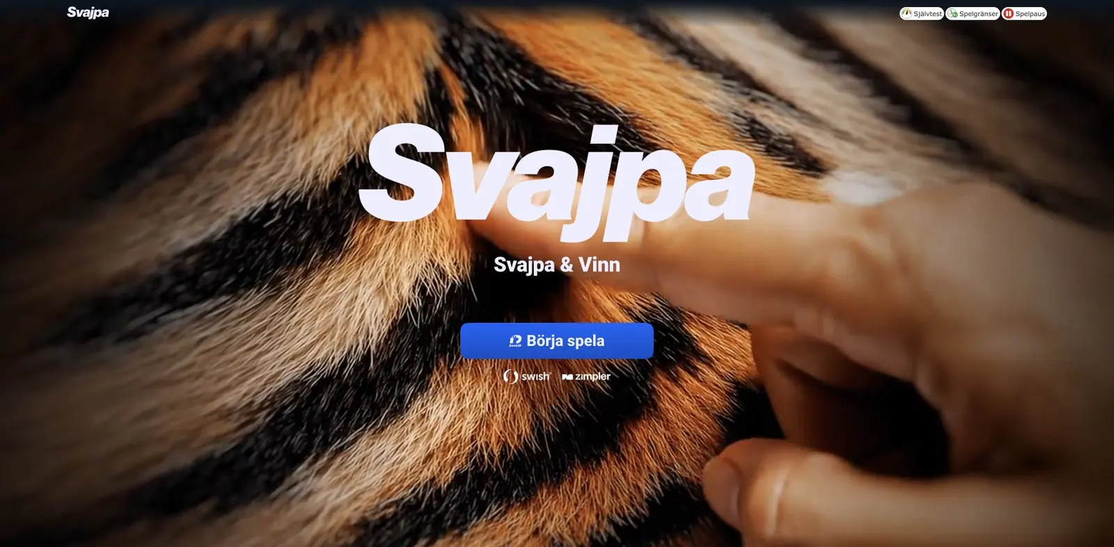 Svajpas startsida med tigerbild, BankID-knapp och logotyper för Swish och Zimpler