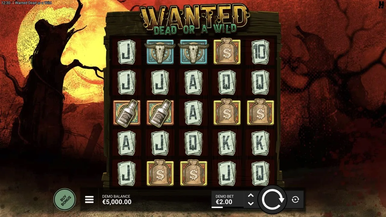 Wanted Dead or a Wild med fem hjul och fem rader i Hacksaws demo före första omgången, med fiktivt saldo och 2 euro vald insats